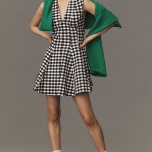 Anthropologie Black and White Gingham V‑Neck Mini Dress